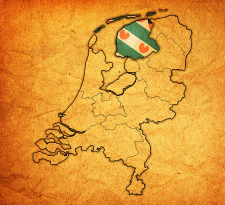 friesland flag on map with borders of provinces in netherlandsの写真素材