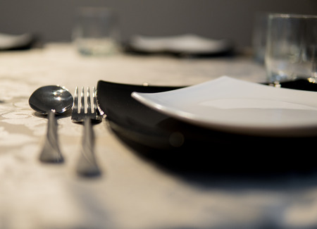 detail of untouched table setting before elegant dinner during holidaysの写真素材
