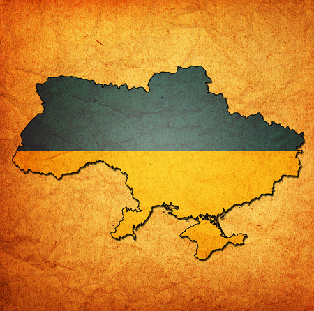 map with flag of ukraine with national bordersの写真素材