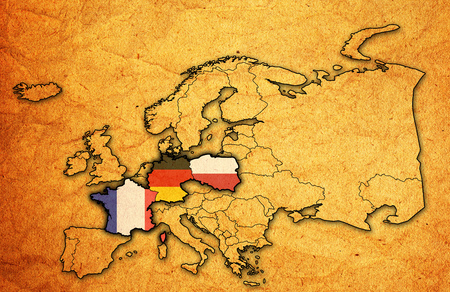 political map of europe with flags of memeber countries of visegrad groupの写真素材