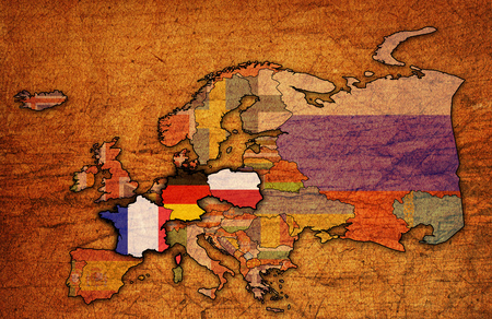 political map of europe with flags of memeber countries of visegrad groupの写真素材