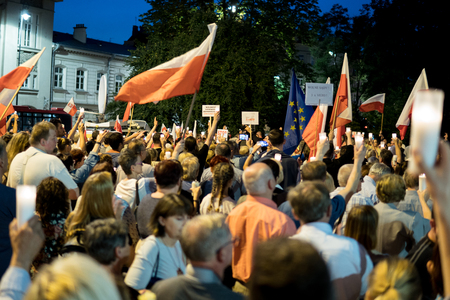 crowd with candles and flags on demonstration  against destroying of supreme court by polish government. Lublin, Poland. 22 july 2017のeditorial素材