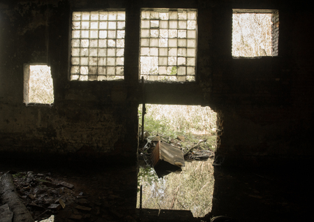 interior of an old completly destroyed brickyardの写真素材