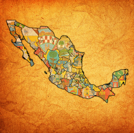 emblems of states of Mexico on map with administrative divisions and bordersの写真素材