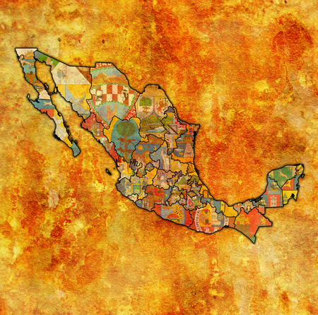 emblems of states of Mexico on map with administrative divisions and bordersの写真素材