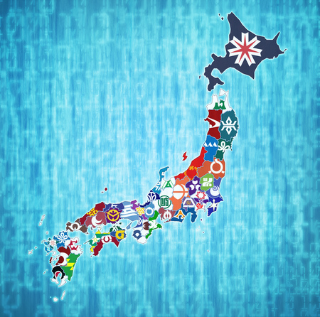 territory of japan prefectures on blue digital map with administrative divisions and their flagsの写真素材