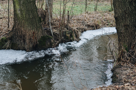 small stream with rest of snow and ice cover at the beginning of spring seasonの写真素材