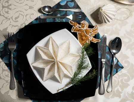 elegant table setting with decoration for dinner in regular homeの写真素材