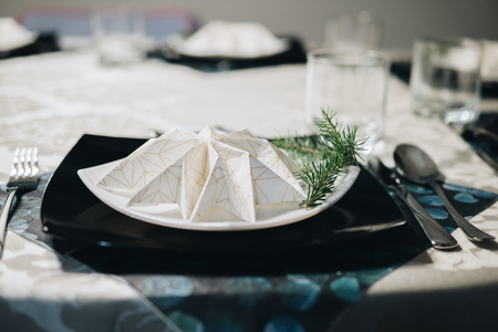 elegant table setting with decoration for dinner in regular homeの写真素材