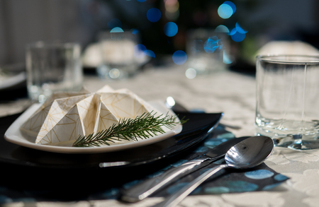 elegant table setting with decoration for dinner in regular homeの写真素材