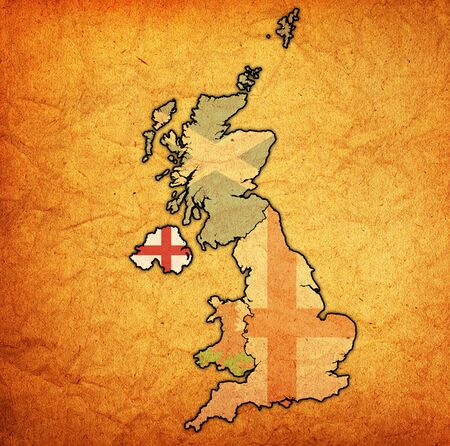 flag of Northern Ireland on political map of countries belonging to United Kingdomの写真素材