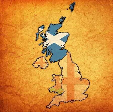flag of Scotland on political map of countries belonging to United Kingdomの写真素材