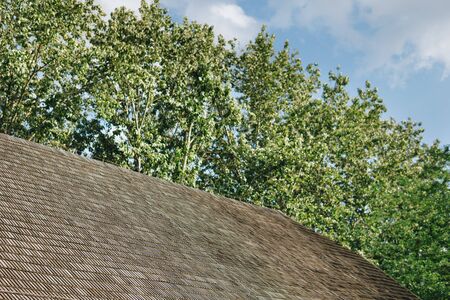 detail of a roof made from wood shingle next to trees over blue skyの写真素材