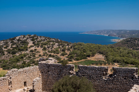 Ruins of Kritinia Castle at the shore of the Mediterranean Sea at Rhodes Islandのeditorial素材