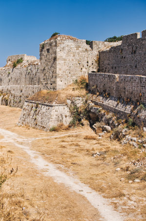 Walls and fortifications of the medieval citadel of Rhodes in Greece built by Hospitalliersのeditorial素材