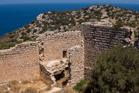 Ruins of Kritinia Castle at the shore of the Mediterranean Sea at Rhodes Islandのeditorial素材