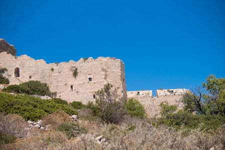 Ruins of Kritinia Castle at the shore of the Mediterranean Sea at Rhodes Islandのeditorial素材