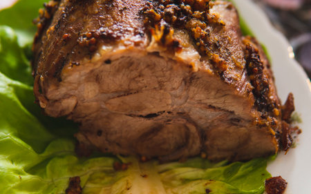 detail of home cooked delicious meat from pork loinの写真素材