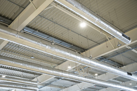 metal roof and construction inside of an exhibition hall