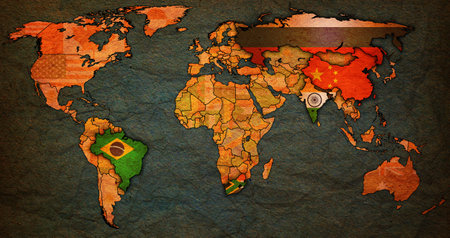 BRICS member countries flags on political world map with national bordersの写真素材