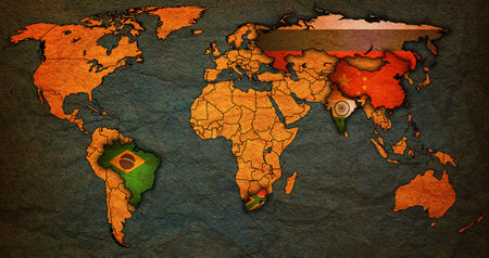 BRICS member countries flags on political world map with national bordersの写真素材