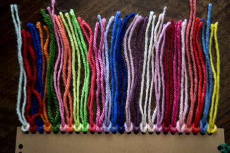 Close up of vibrant created from wool yarn in different colorsの写真素材