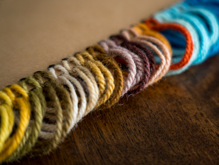 Close up of vibrant created from wool yarn in different colorsの写真素材