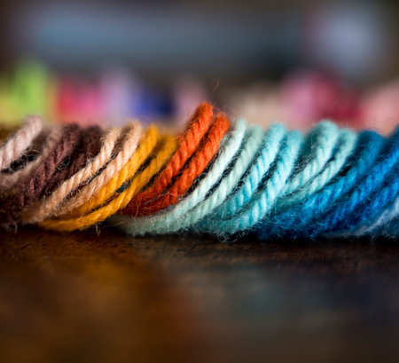 Close up of vibrant created from wool yarn in different colorsの写真素材