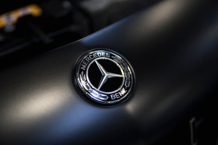 Detail of an emblem of Mercedes Benz on a black car