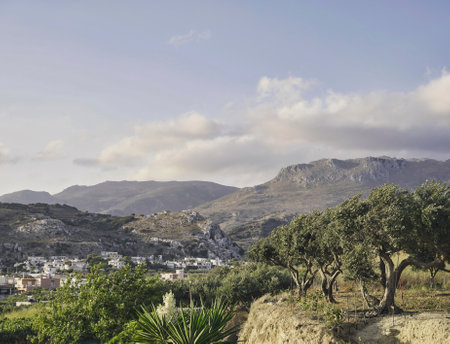 Mountainous landscape near the village of platanos in Creteの写真素材