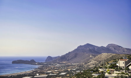 Landscape with a coast where the Falasarna beach in Crete is located with white roofsの写真素材