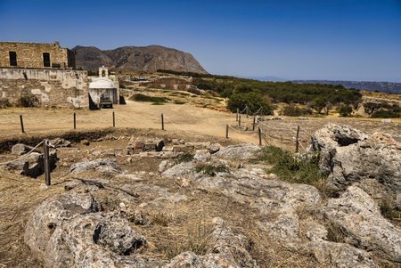 Landscape with ruins of Ancient Roman city Aptera on the island of Crete in Greeceの写真素材