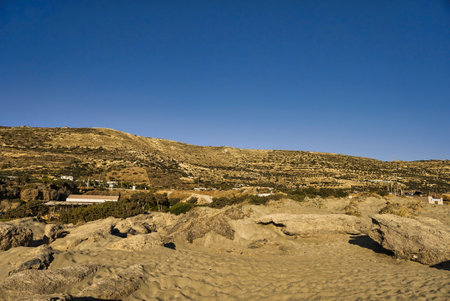 Hilly landscape of the island an hour before sunsetの写真素材