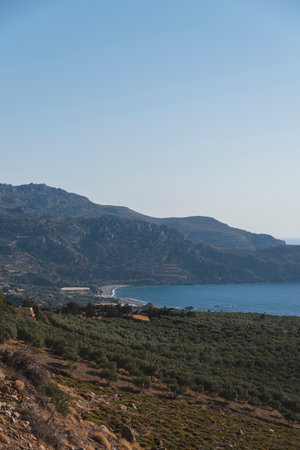 Mediterranean bay during summer evening with steep coastlineの写真素材