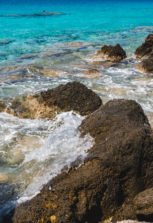 Landscape of the rocky Mediterranean coast at Kedrodasos Beach on the Greek island of Crete