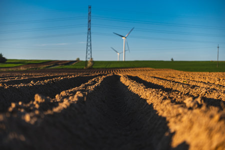 Agricultural landscape with ridges in a field where potatoes were plantedの写真素材