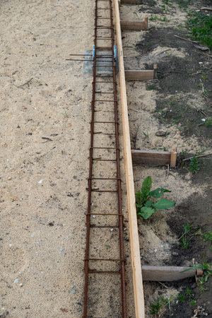 Close-up of construction to reinforce foundation ready to pour concreteの写真素材
