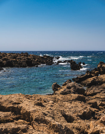 Landscape of the rocky Mediterranean coast on the Greek island of Creteの写真素材