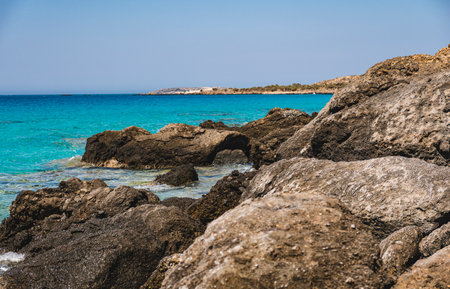 Landscape of the rocky Mediterranean coast at Kedrodasos Beach on the Greek island of Creteの写真素材