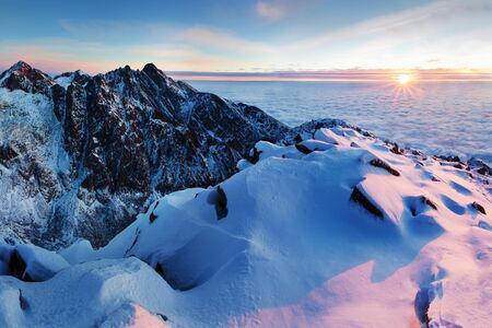 Fantastic evening and morning winter landscape. Colorful overcast sky. Beauty world Magical snow...