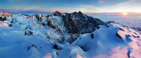 Fantastic evening and morning winter landscape. Colorful overcast sky. Beauty world Magical snow...
