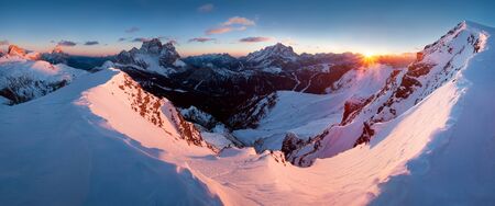 Fantastic sunrise in the Dolomites mountains, South Tyrol, Italy. Italian alpine panorama in...