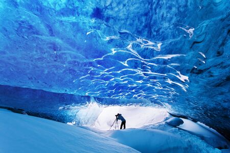 Blue crystal ice cave beneath the glacier.  Photography inside of the glacier.