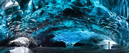 Blue crystal ice cave beneath the glacier. Amazing nature of Skaftafell, Iceland.