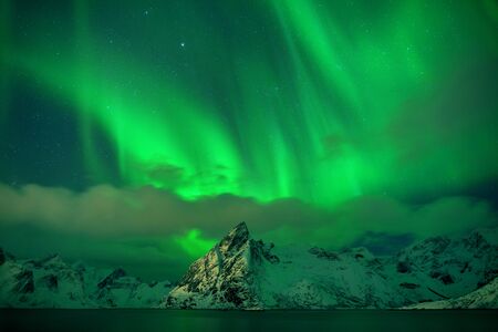 Northern lights in Lofoten Islands, Norway. Green aurora borealis. Starry sky with polar lights. Night winter landscape with aurora, sea with sky reflection, rocks, beach and snowy mountains.の写真素材