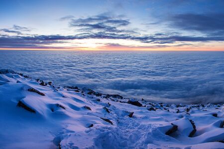 Fantastic evening and morning winter landscape. Colorful overcast sky. Beauty world Magical snow...