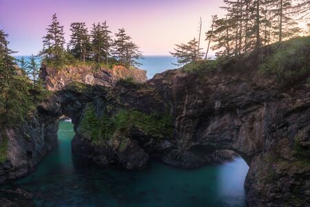 Dusk at Natural Bridges along Samuel H. Boardman State Scenic Corridor, Oregon during a golden hour sunset - trees with dense vegetation. Beautiful seascape with rocks. Beautiful West Coast USAの写真素材