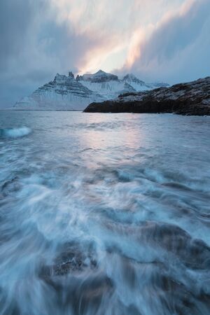 Amazing Sunset Over Mountain And Fjord, Winter Landscape, Norway Beautiful Christmas time near Troms.の写真素材