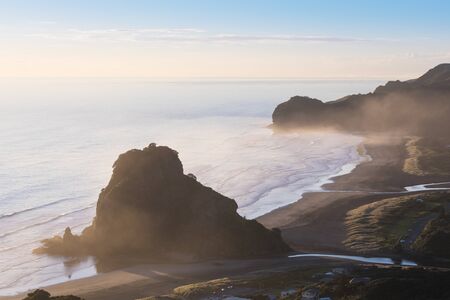 Piha Beach in Auckland New Zealand Aerial view of Piha Beach near Auckland. Most popular beach for surfing. |の写真素材