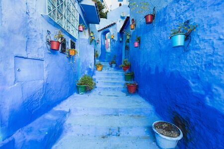 Traditional and typical moroccan architectural details in Chefchaouen, Morocco Africa Nice doors, windowsの写真素材